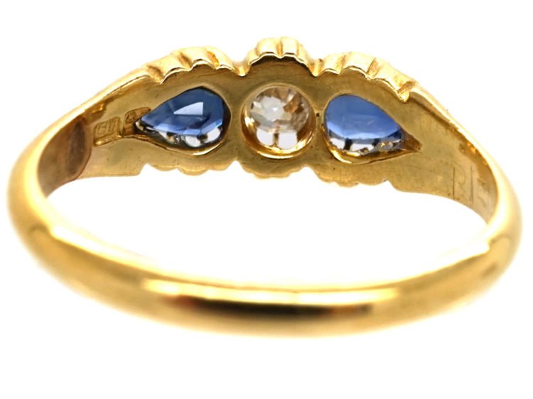 Edwardian 18ct Gold, Pear Shaped Sapphires & Diamond Ring