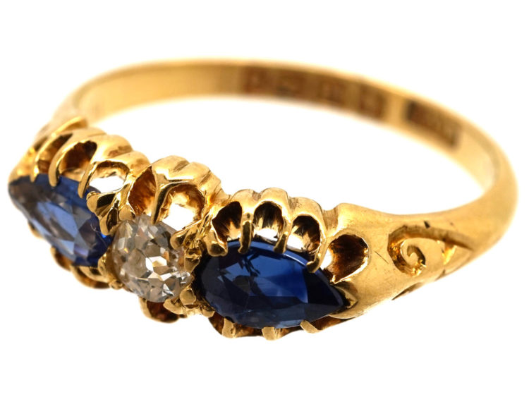 Edwardian 18ct Gold, Pear Shaped Sapphires & Diamond Ring