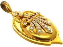 Victorian 18ct Gold, Ruby, Rose Diamond & Natural Split Pearl Large Pendant with Locket Back