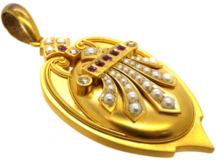 Victorian 18ct Gold, Ruby, Rose Diamond & Natural Split Pearl Large Pendant with Locket Back