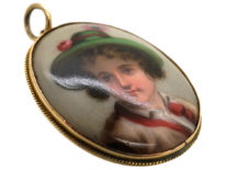 Victorian 9ct Gold & Porcelain Miniature Pendant of Boy with Hat