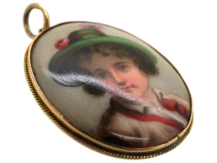 Victorian 9ct Gold & Porcelain Miniature Pendant of Boy with Hat