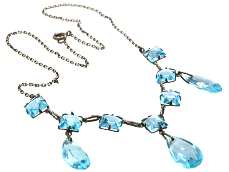 Art Deco Silver & Blue Paste Three Drops Necklace
