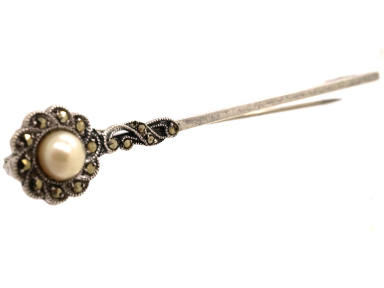 Art Deco Silver, Marcasite & Pearl Brooch
