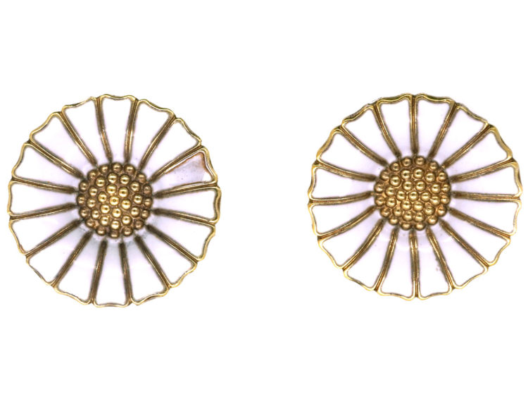 Silver Gilt & White Enamel Daisy Earrings