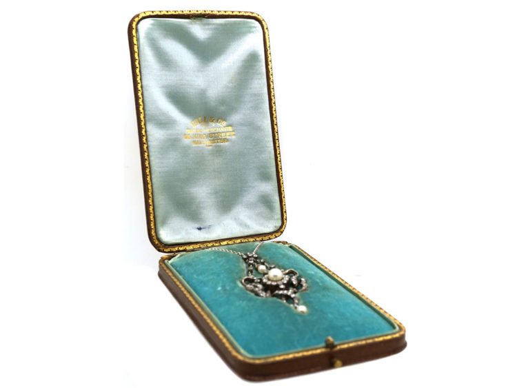 Edwardian Diamond & Natural Pearl Pendant on Chain in Original Case
