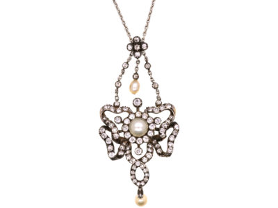 Edwardian Diamond & Natural Pearl Pendant on Chain in Original Case