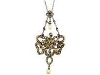 Edwardian Diamond & Natural Pearl Pendant on Chain in Original Case
