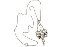 Edwardian Diamond & Natural Pearl Pendant on Chain in Original Case
