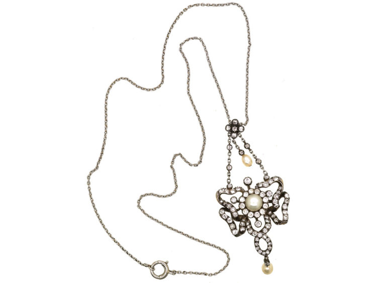 Edwardian Diamond & Natural Pearl Pendant on Chain in Original Case