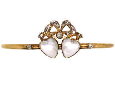 Edwardian 15ct Gold, Moonstone & Diamond Double Heart Bangle