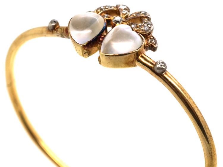 Edwardian 15ct Gold, Moonstone & Diamond Double Heart Bangle