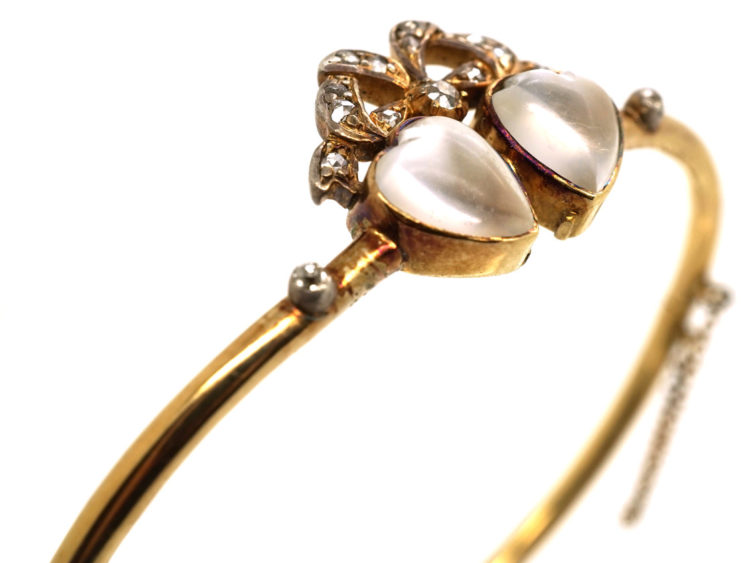 Edwardian 15ct Gold, Moonstone & Diamond Double Heart Bangle