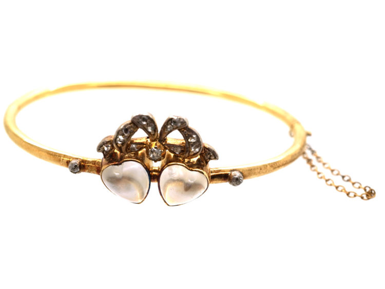 Edwardian 15ct Gold, Moonstone & Diamond Double Heart Bangle