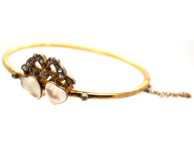 Edwardian 15ct Gold, Moonstone & Diamond Double Heart Bangle