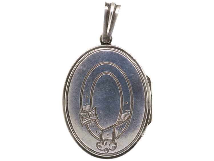Victorian Oval Silver Locket with Garter Motif