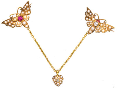 Pair of Edwardian 15ct Gold Butterfly Brooches set with Natural Split Pearls, Ruby & Diamond