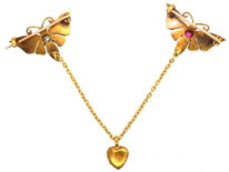 Pair of Edwardian 15ct Gold Butterfly Brooches set with Natural Split Pearls, Ruby & Diamond