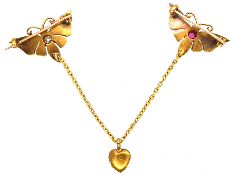 Pair of Edwardian 15ct Gold Butterfly Brooches set with Natural Split Pearls, Ruby & Diamond