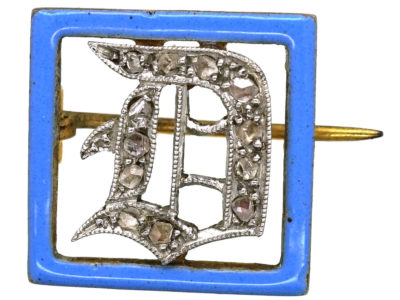 Art Deco 15ct Gold, Platinum, Rose Diamond & Blue Enamel “D” Brooch