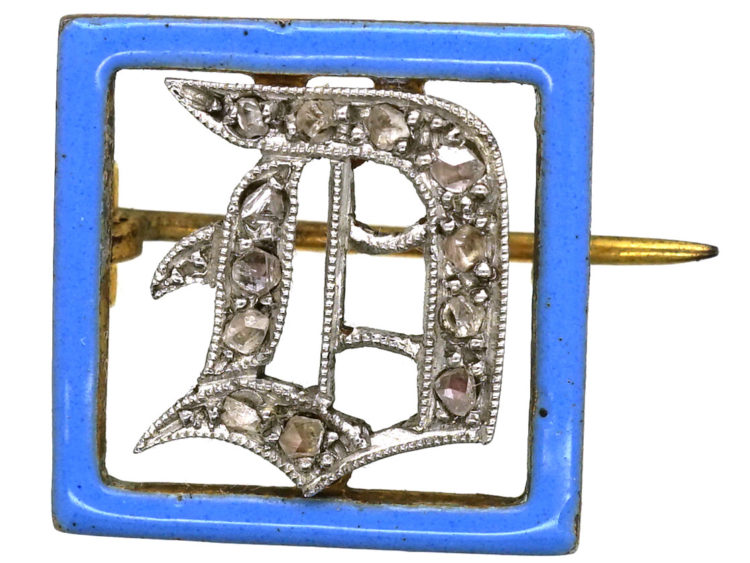 Art Deco 15ct Gold, Platinum, Rose Diamond & Blue Enamel 