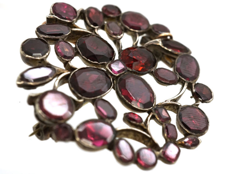 Georgian Silver & Flat Cut Almandine Garnet Flower Brooch/ Pendant
