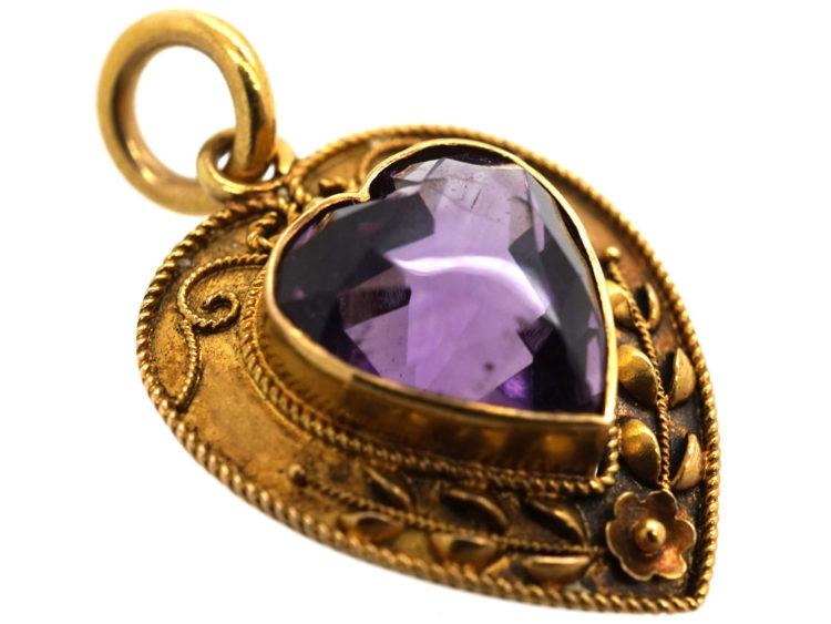 Edwardian 15ct Gold & Amethyst Heart Shaped Pendant