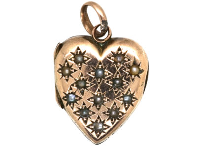 Edwardian 9ct Gold Heart Shaped Locket Studded With Natural Split Pearls