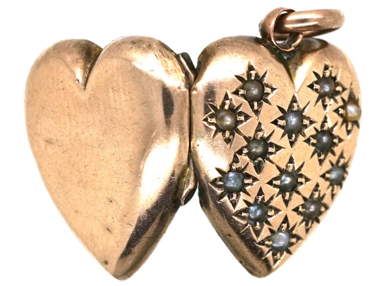 Edwardian 9ct Gold Heart Shaped Locket Studded With Natural Split Pearls