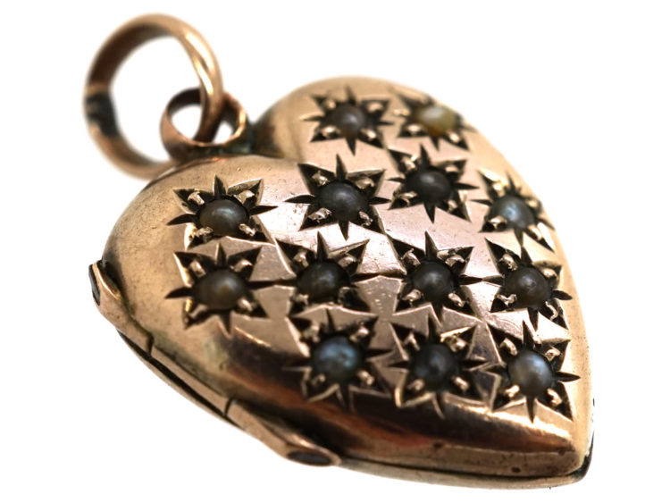 Edwardian 9ct Gold Heart Shaped Locket Studded With Natural Split Pearls