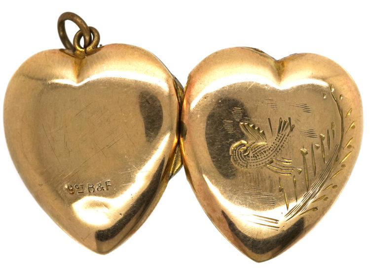 Edwardian 9ct Back & Front Heart Shaped Locket with Swallow Motif