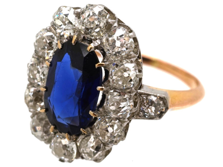 French 18ct Gold Large Sapphire & Diamond Oval Cluster Ring