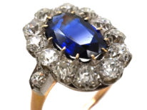 French 18ct Gold Large Sapphire & Diamond Oval Cluster Ring