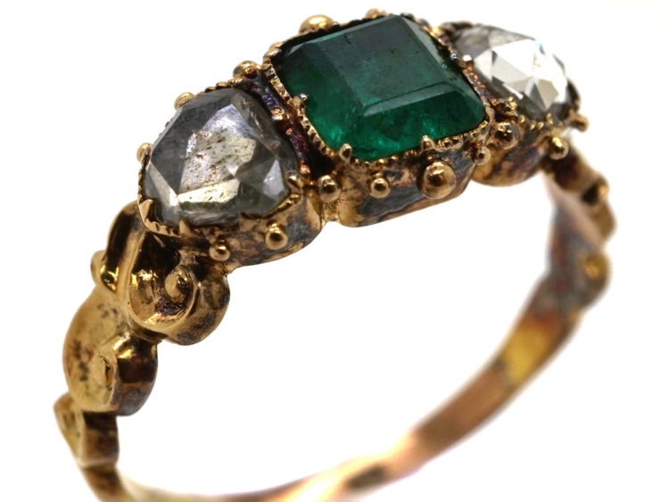 Georgian 18ct Gold, Emerald & Rose Diamond Hearts Ring
