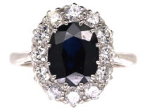 18ct White Gold & Platinum Oval Sapphire & Diamond Cluster Ring