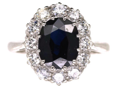 18ct White Gold & Platinum Oval Sapphire & Diamond Cluster Ring