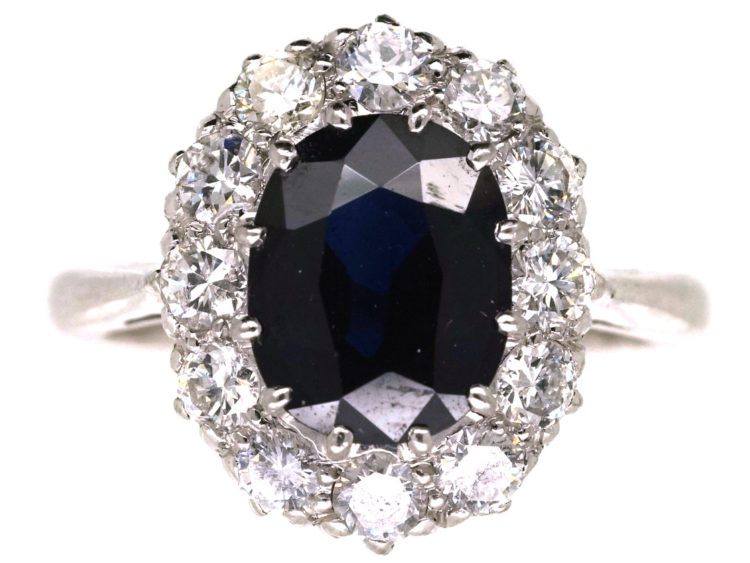 18ct White Gold & Platinum Oval Sapphire & Diamond Cluster Ring