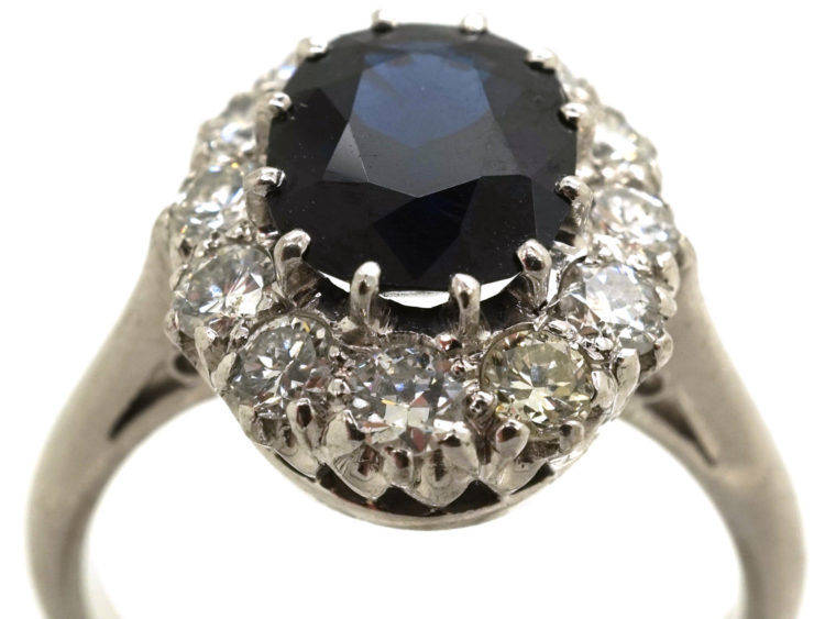 18ct White Gold & Platinum Oval Sapphire & Diamond Cluster Ring