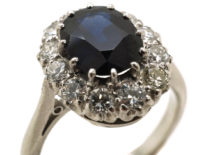 18ct White Gold & Platinum Oval Sapphire & Diamond Cluster Ring
