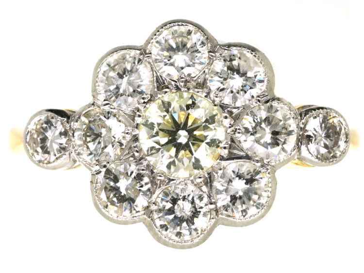Edwardian 18ct Gold & Platinum, Diamond Cluster Ring with Diamond Set Shoulders