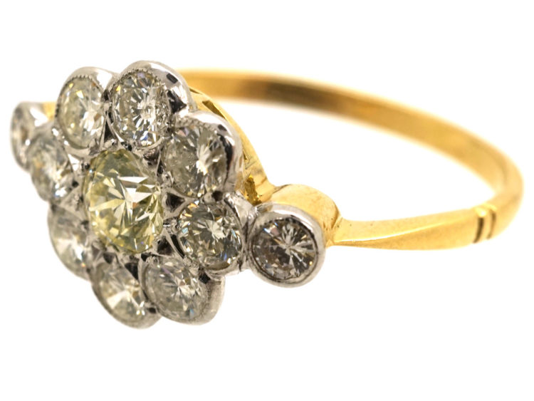 Edwardian 18ct Gold & Platinum, Diamond Cluster Ring with Diamond Set Shoulders