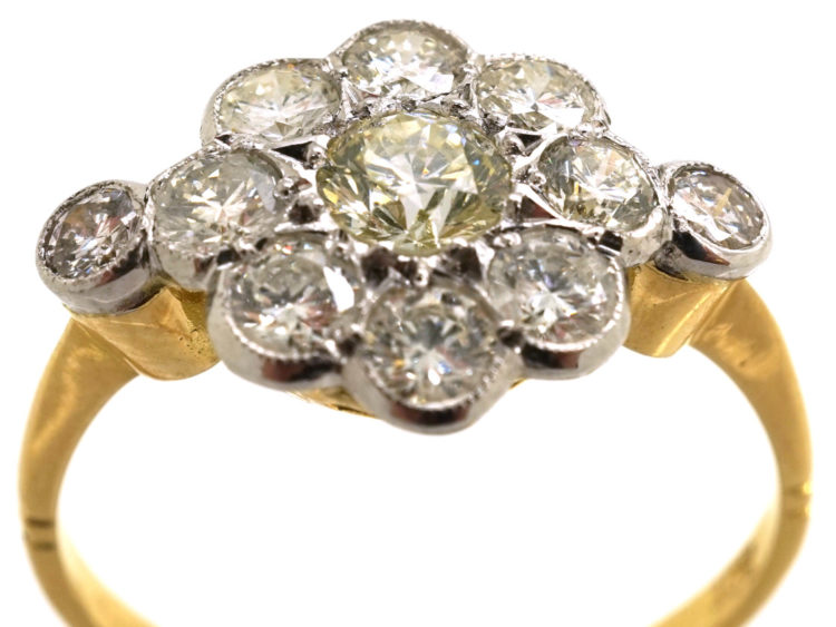 Edwardian 18ct Gold & Platinum, Diamond Cluster Ring with Diamond Set Shoulders