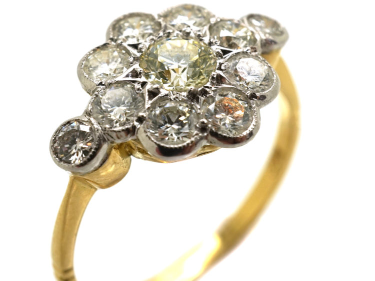 Edwardian 18ct Gold & Platinum, Diamond Cluster Ring with Diamond Set Shoulders