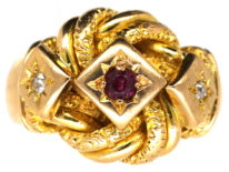 18ct Lover's Knot Ring set with a Ruby & Two Diamonds