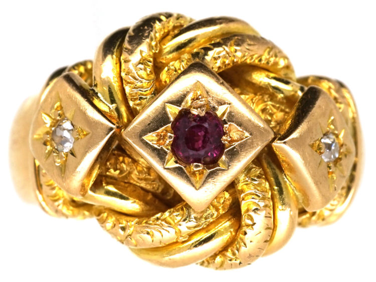 18ct Lover's Knot Ring set with a Ruby & Two Diamonds