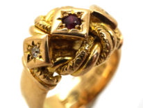 18ct Lover's Knot Ring set with a Ruby & Two Diamonds