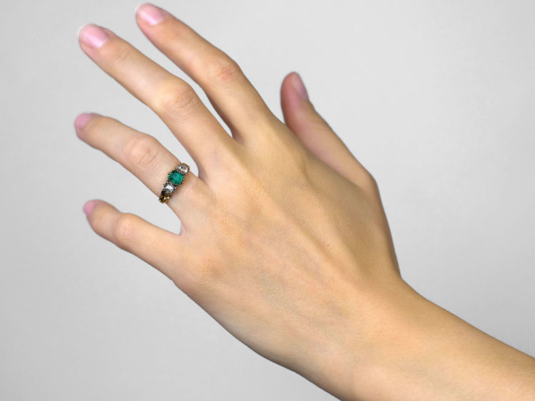 Georgian 18ct Gold, Emerald & Rose Diamond Hearts Ring