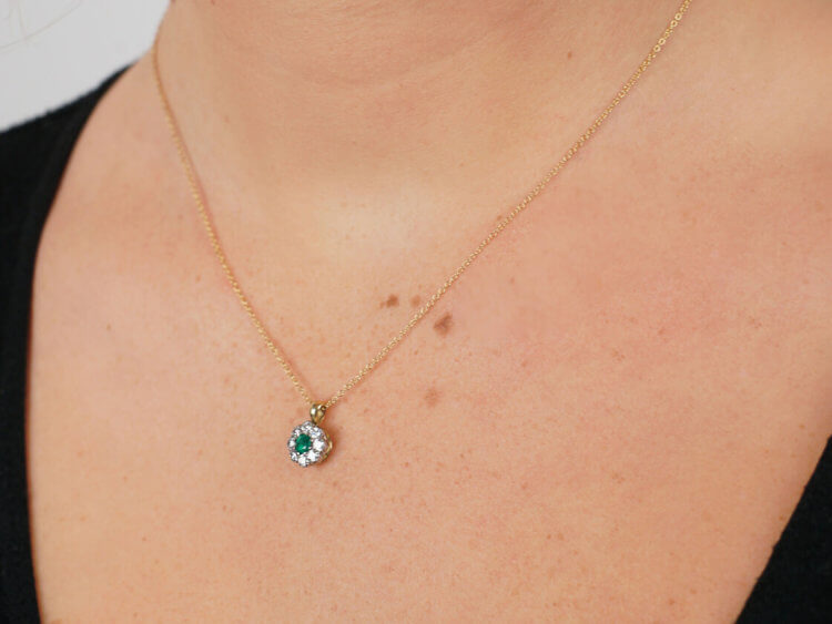 18ct Gold, Emerald & Diamond Cluster Pendant on 18ct Gold Chain