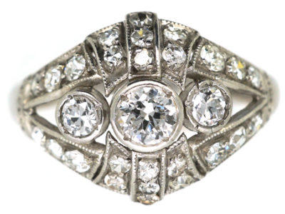 Art Deco 18ct White Gold & Diamond Bombe Style Ring