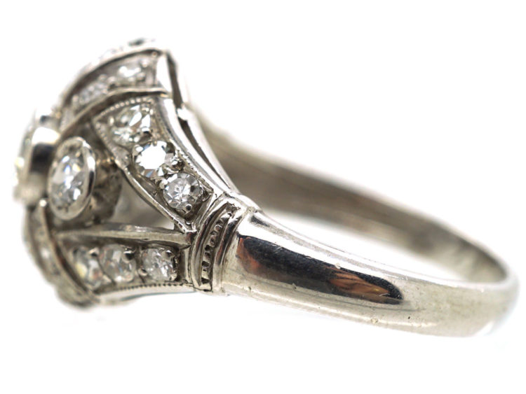 Art Deco 18ct White Gold & Diamond Bombe Style Ring